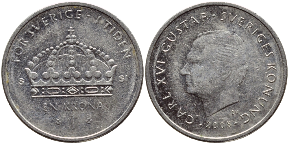 Швеция 1 крона 2008 Карл XVI Густав (1973- ) KM 894 медно-никель 85-416