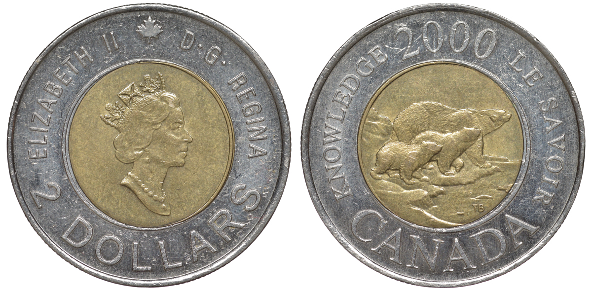 Канада 2 доллара 2000 миллениум, полярные медведи KM 399 биметалл 4605-556