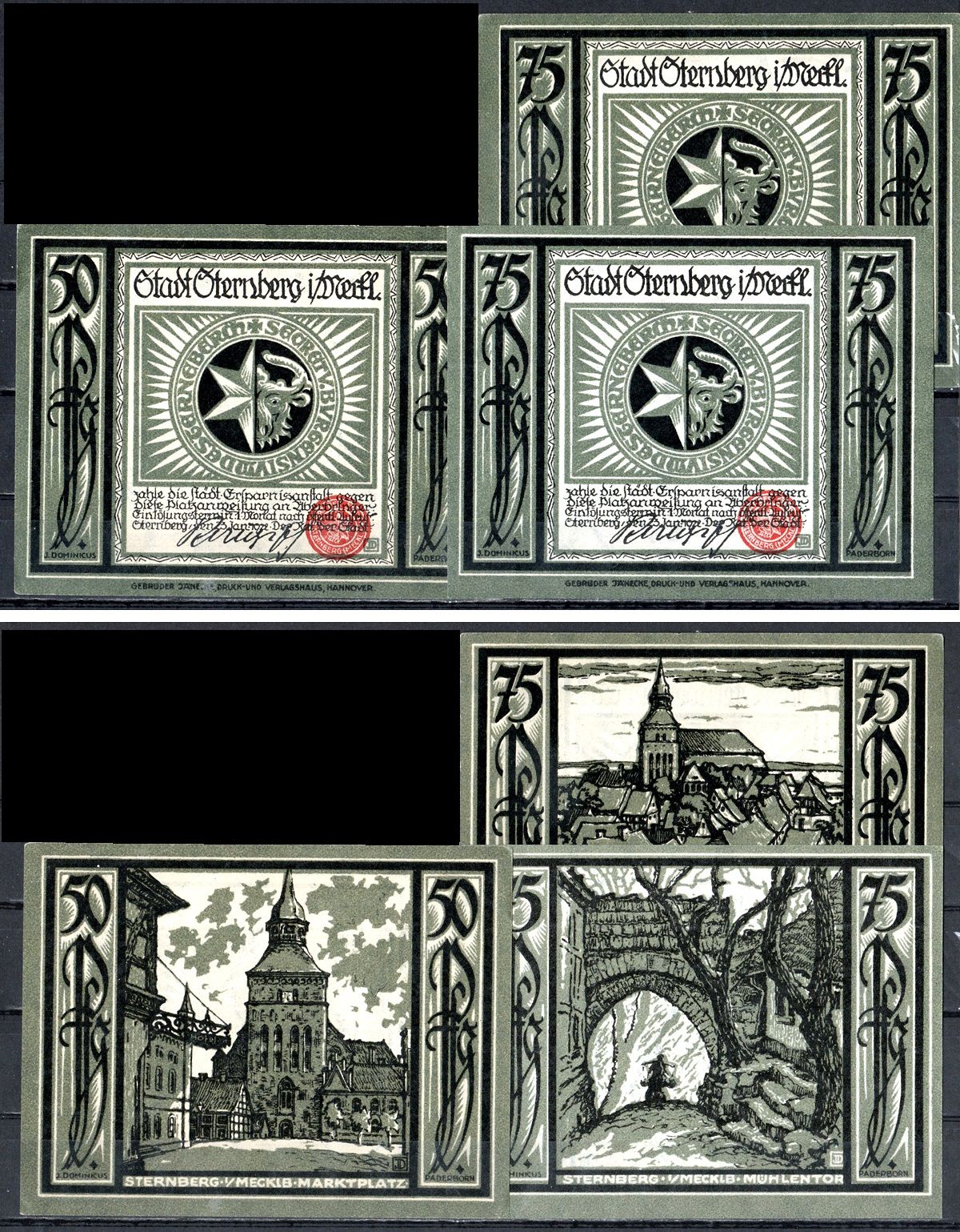 Штернберг (Мекленбург-Шверин) полный набор из 3 нотгельдов (50 и 75 пфеннигов) 1922 Mehl Grabowski 1268.2 бумага UNC (пресс) 7556-57-4-1