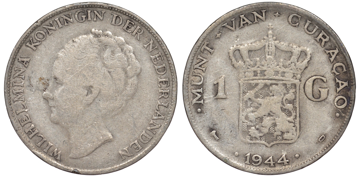 Нидерландское Кюрасао 1 гульден 1944 D, Вильгельмина (1890-1948) KM 45 серебро 36-735