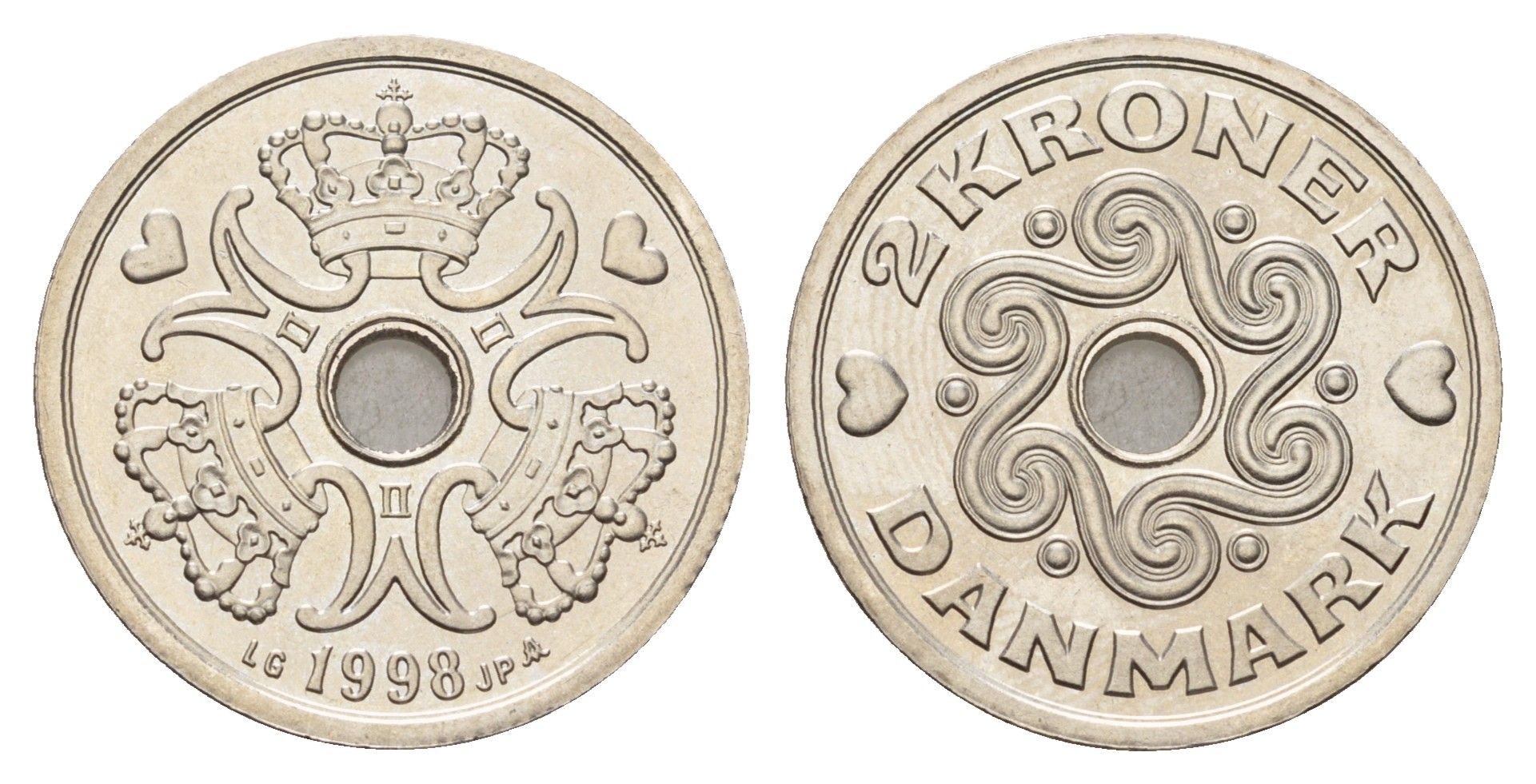Дания 2 кроны 1998 Маргрете II (1972-2024) KM 874 медно-никель UNC 176-1025