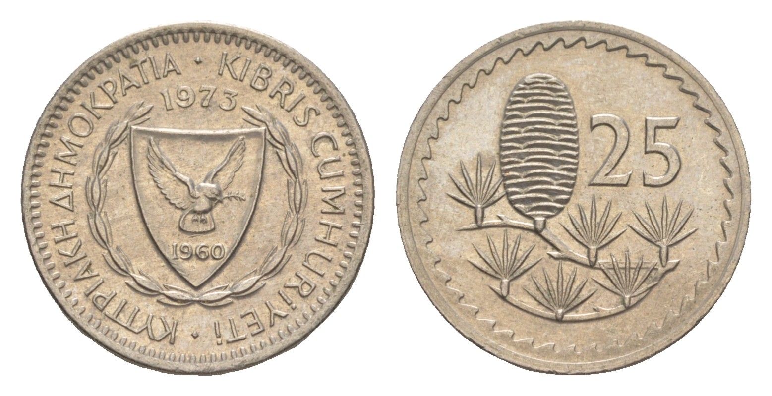 Кипр 25 милей 1973 KM 40 медно-никель UNC 4649-1169