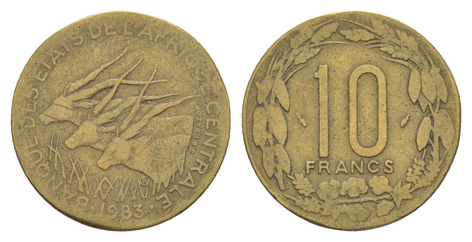 Центральная Африка (BEAC) 10 франков 1983 KM 9 медь алюминий никель 4650-314