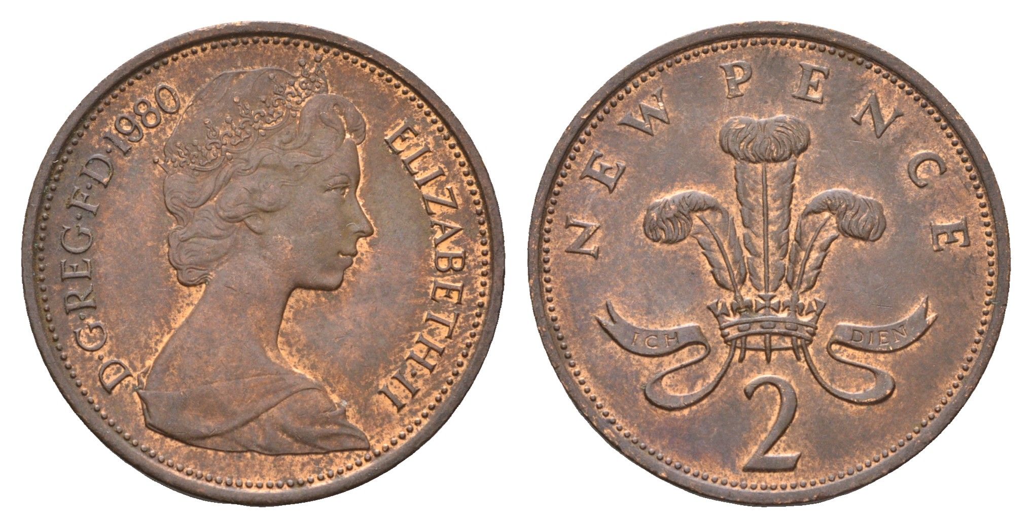 Великобритания 2 пенса 1980 Елизавета II (1952-2022) KM 916, Spink 4235 (C1) бронза 4673-913