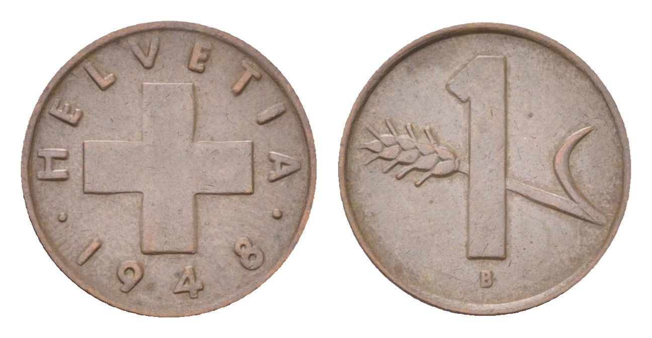 Швейцария 1 раппен 1948 B KM 46 бронза 4705-1161