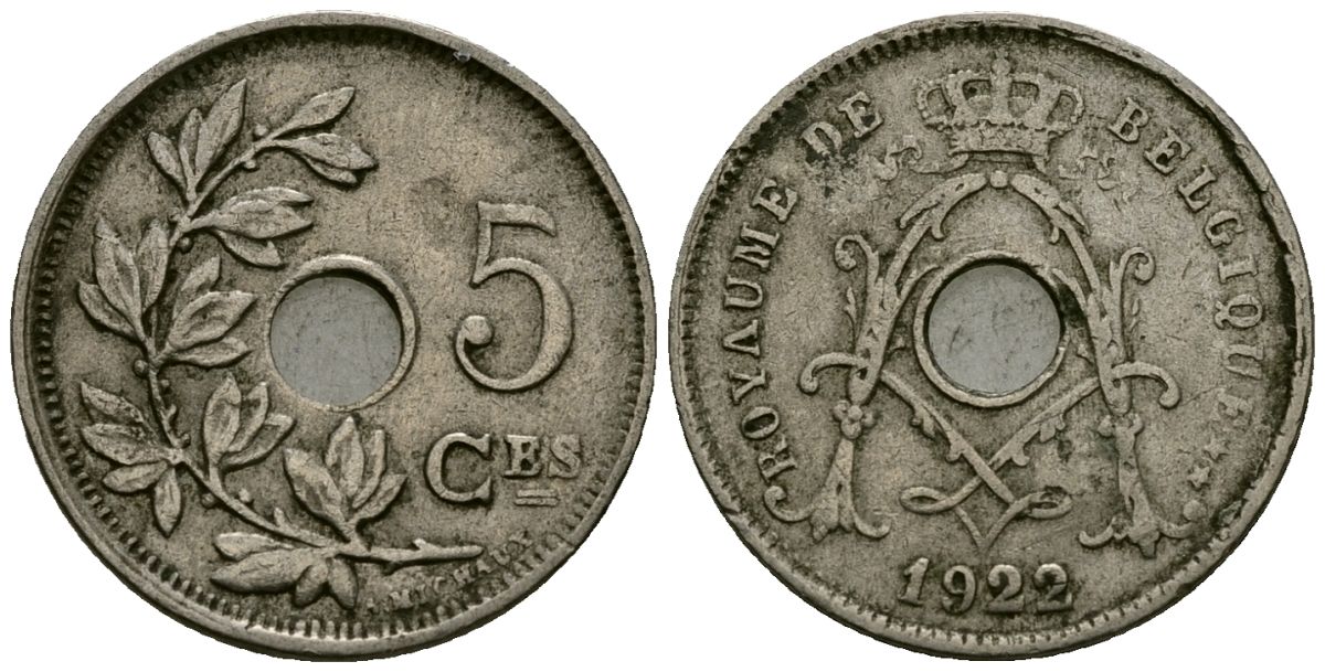 Бельгия 5 сантимов 1922 Belgique KM 66 медно-никель 4173-462