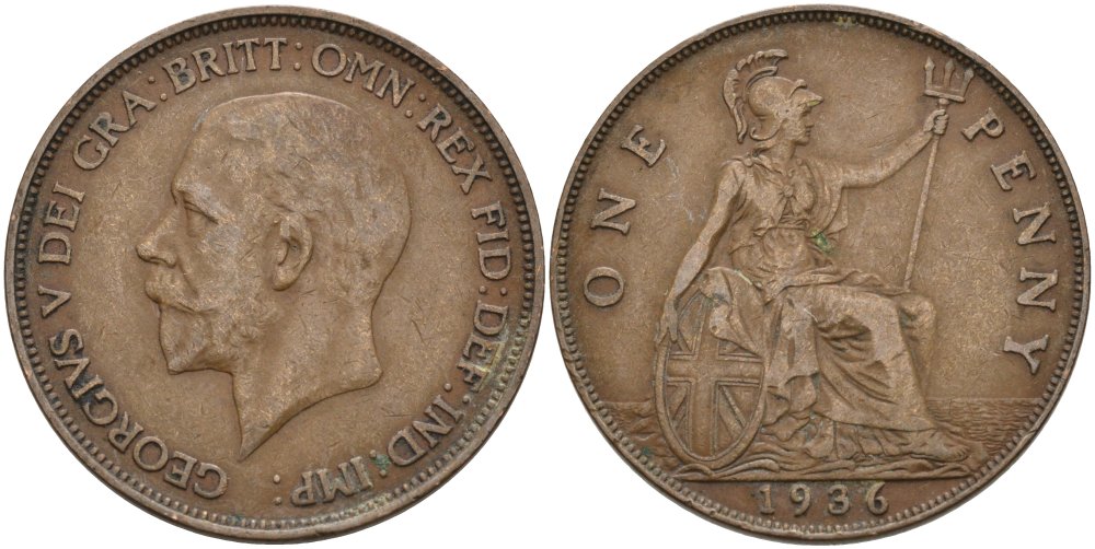 Великобритания 1 пенни 1936 Георг V (1910-1936) KM 838, Spink 4055 бронза 3855-1226