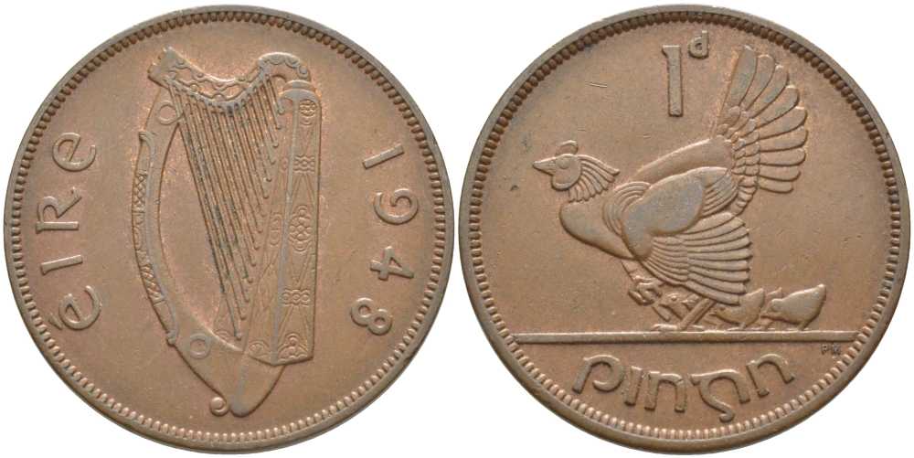 ИРЛАНДИЯ 1 ПЕННИ 1948 КУРИЦА С ЦЫПЛЯТАМИ KM 11 бронза 111-834