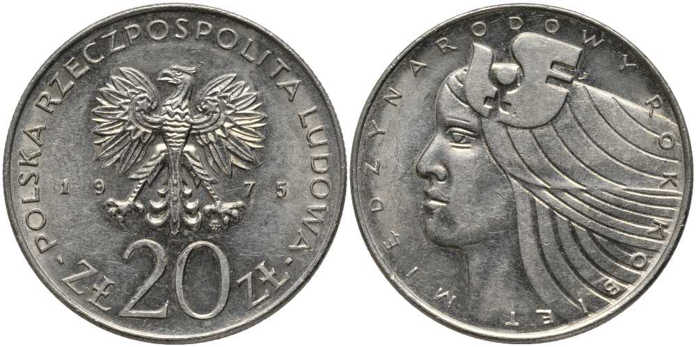 Польша 20 злотых 1975 MW, Международный год женщины KM 75, Parchimowicz 248 медно-никель 180-421