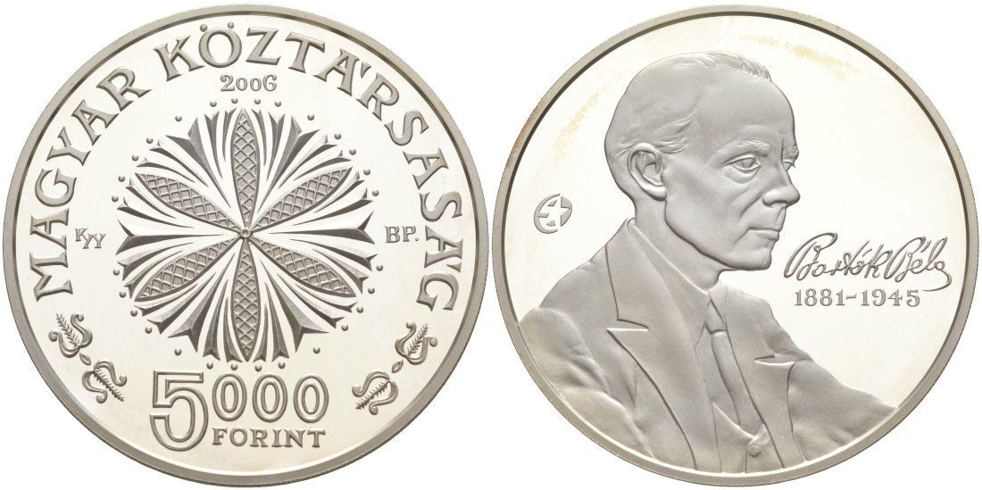 Венгрия 5000 форинтов 2006 125 лет со дня рождения Бела Бартока, композитор KM 791 серебро  PROOF 11-345-13