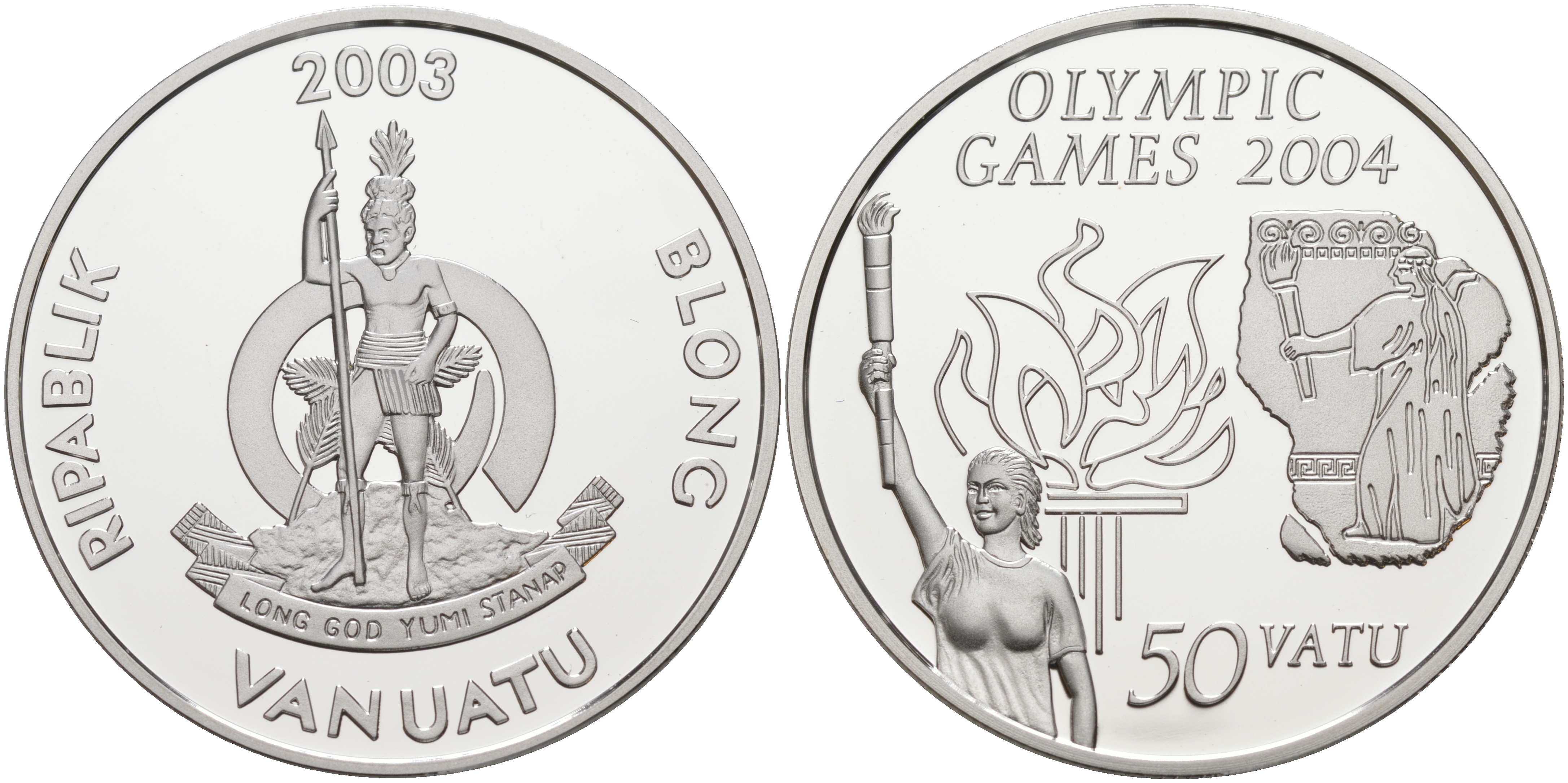 Вануату 50 вату 2003 XVIII Олимпийские игры 1996 года в Афинах, олимпийский огонь серебро PROOF 1074-9-22
