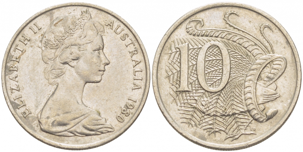 Австралия 10 центов 1980 Елизавета II (1952-), птица лирахвост KM 65 медно-никель 3457-647