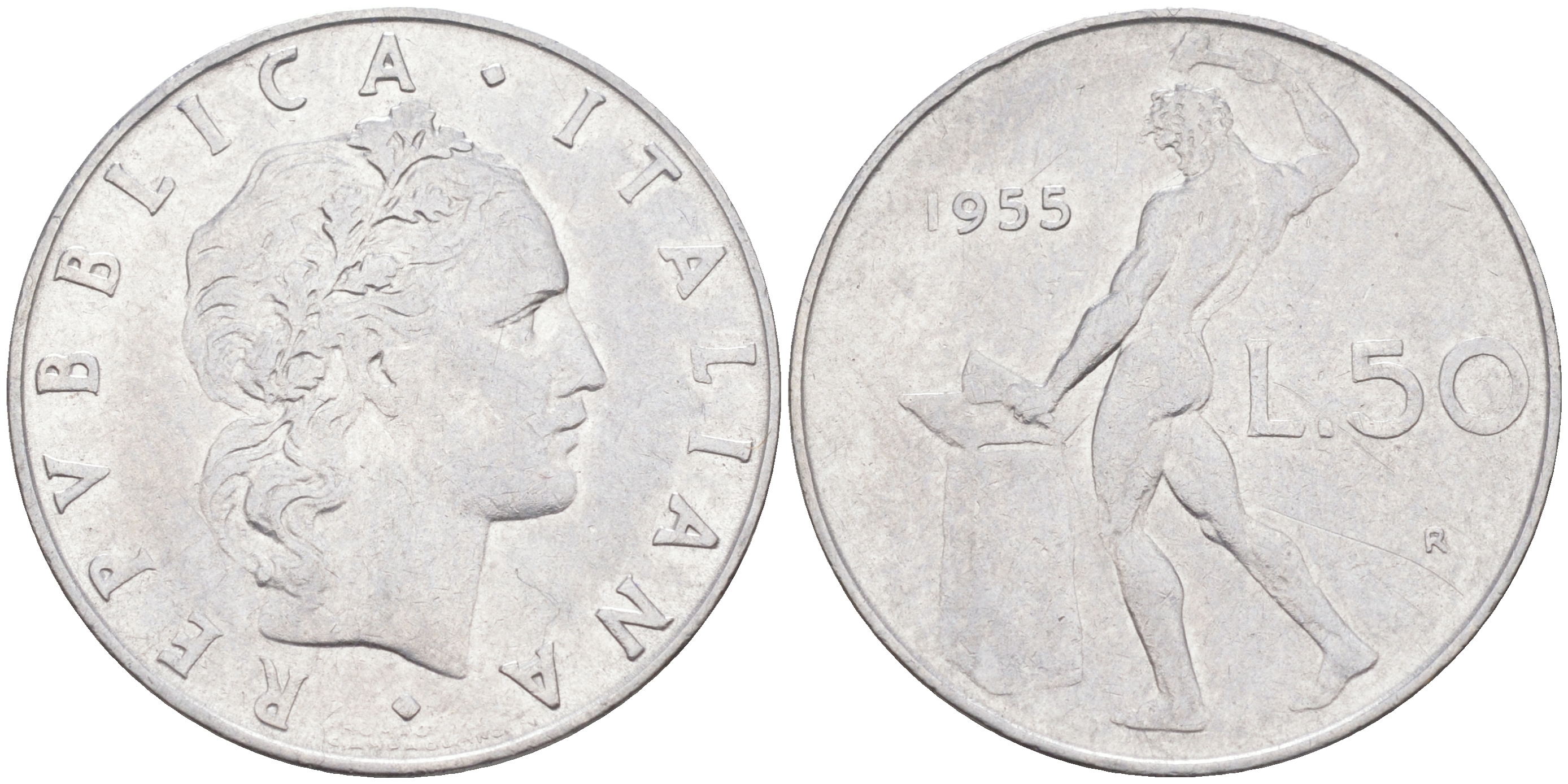ИТАЛИЯ 50 ЛИР 1955 R, БОГ ОГНЯ ВУЛКАН У НАКОВАЛЬНИ KM 95.1 нержавеющая сталь 117-921