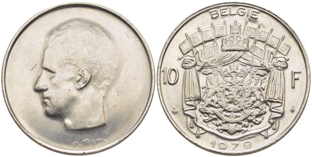 БЕЛЬГИЯ 10 ФРАНКОВ 1979 BELGIE, БОДУЭН I (1951-1993) KM 156.1 никель 115-711