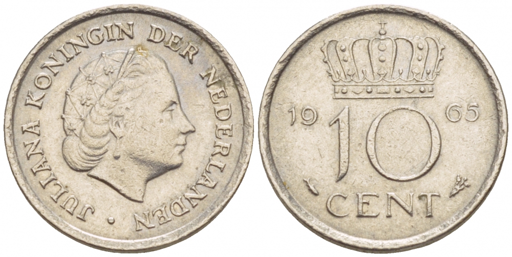 Нидерланды 10 центов 1965 Юлиана (1949-1980) KM 182 никель 4547-837