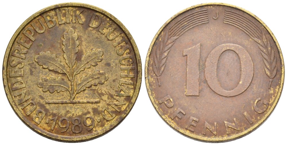 ФРГ 10 пфеннигов 1989 J KM 108 сталь плакированная латунью 4577-433