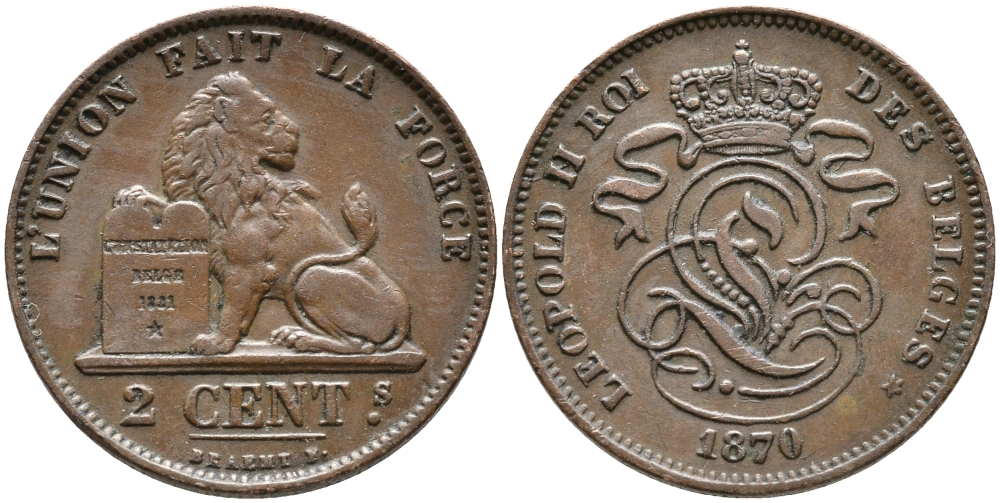 БЕЛЬГИЯ 2 САНТИМА 1870 KM 35.1 медь 3334-457