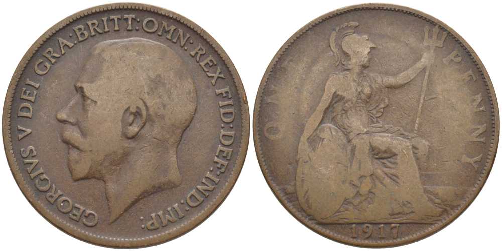 Великобритания 1 пенни 1917 Георг V (1910-1936) KM 810, Spink 4051 бронза 115-116