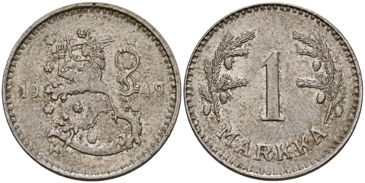 Финляндия 1 марка 1949 Н KM 30b железо 4580-1262