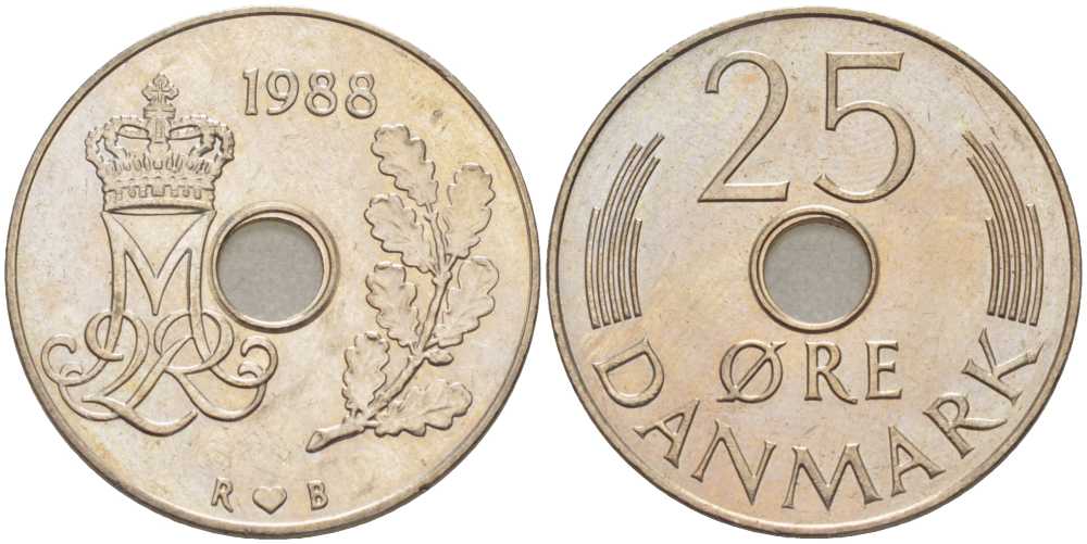 ДАНИЯ 25 ЭРЕ 1988 R;B, МАРГРЕТЕ II (1972-) KM 861.3 медно-никель 202-752