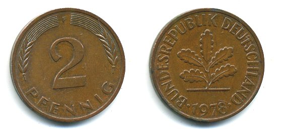 ФРГ 2 пфеннига 1978 F KM 106a, J.381a сталь плакированная медью 3999-1144