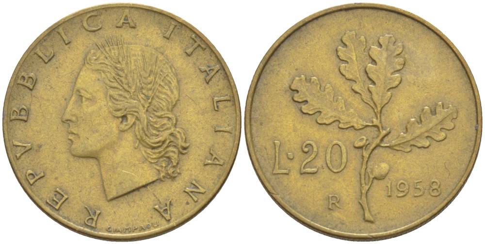 ИТАЛИЯ 20 ЛИР 1958 R, ДУБОВЫЕ ЛИСТЬЯ KM 97.1 алюминиевая бронза 4551-245