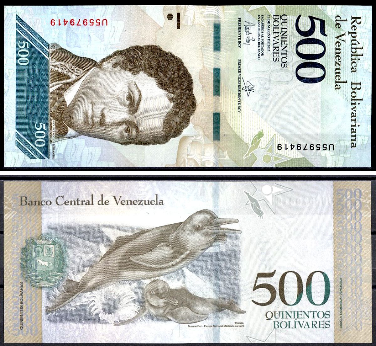 Венесуэла 500 боливаров 2017 23 марта 2017, Франсиско Миранда, Дельфины реки Амазонки Pick 94 b бумага UNC (пресс) 402-71-3-2