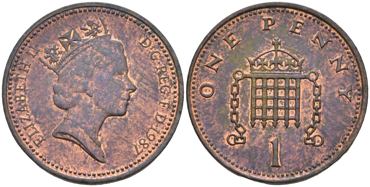Великобритания 1 пенни 1987 Елизавета II (1952-2022) KM 935, Spink 4381 (B3) бронза 4115-718