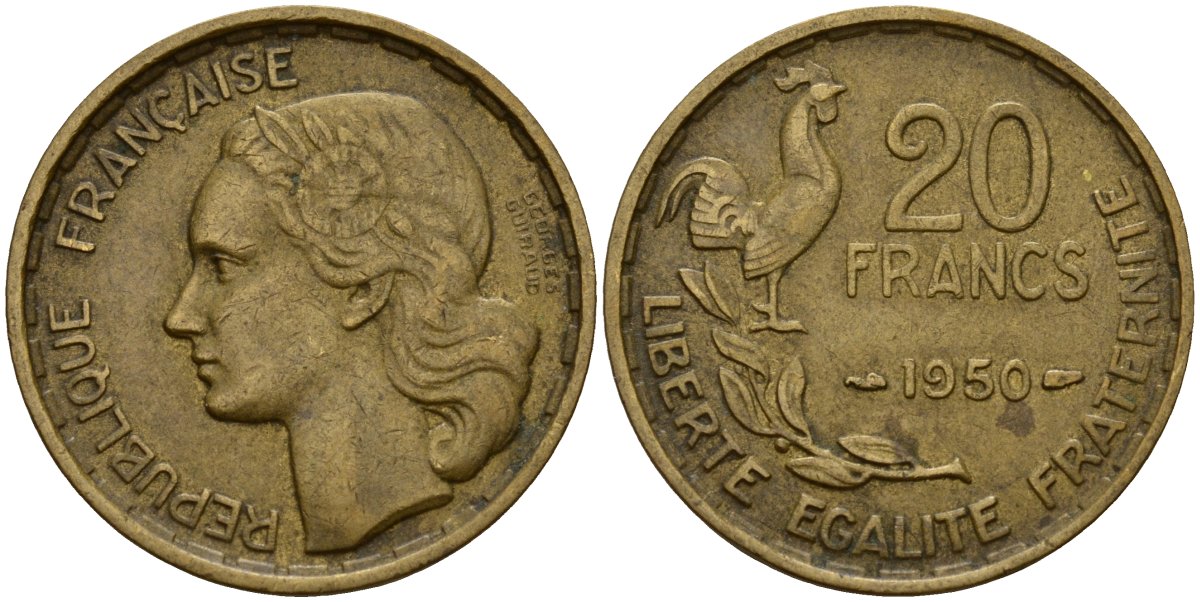 Франция 20 франков 1950 KM 917 алюминиевая бронза 4156-723