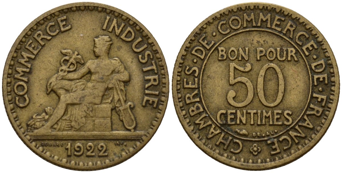 Франция 50 сантимов 1922 тип Chambre de Commerce KM 884, Le Franc 191.5 алюминиевая бронза 4154-1112