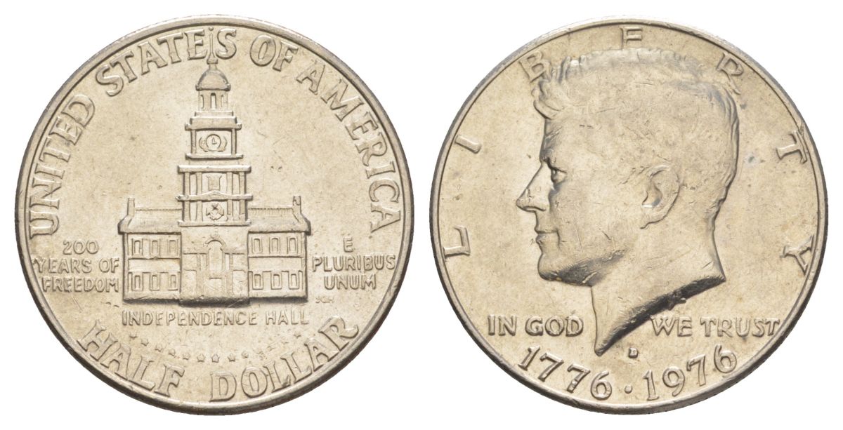 США 1/2 доллара (50 центов) 1976 D, 200 лет независимости, Джон Кеннеди KM 205 медь плакированная медно-никелем aUNC 4545-941