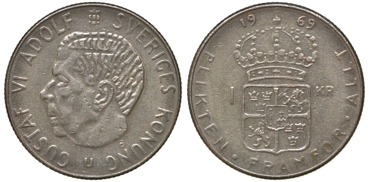 Швеция 1 крона 1969 Густав VI Адольф (1950-1973) KM 826a медь плакированная медно-никелем 4179-1016