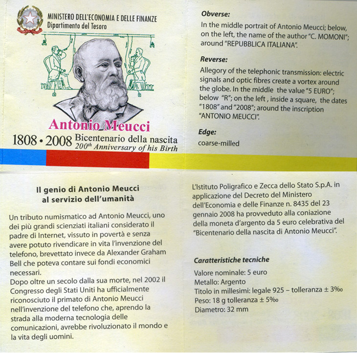 Италия 5 евро 2008 R, 200 лет Антонио Меуччи, в оригинальной коробке с сертификатом серебро PROOF 2-4-2-29