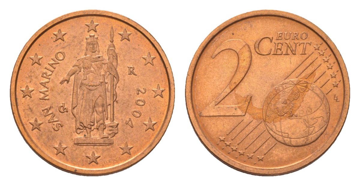 Сан-Марино 2 евроцента 2004 R KM 441 сталь плакированная медью aUNC 4627-731