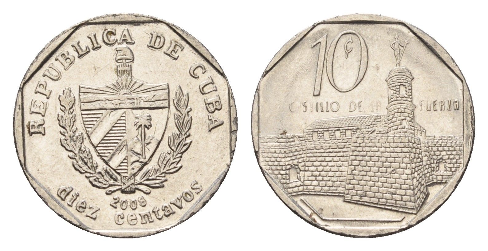 Куба 10 сентаво 2008 форт в Гаване Ла-Фуэрса KM 576.2 сталь плакированная никелем 4696-1211