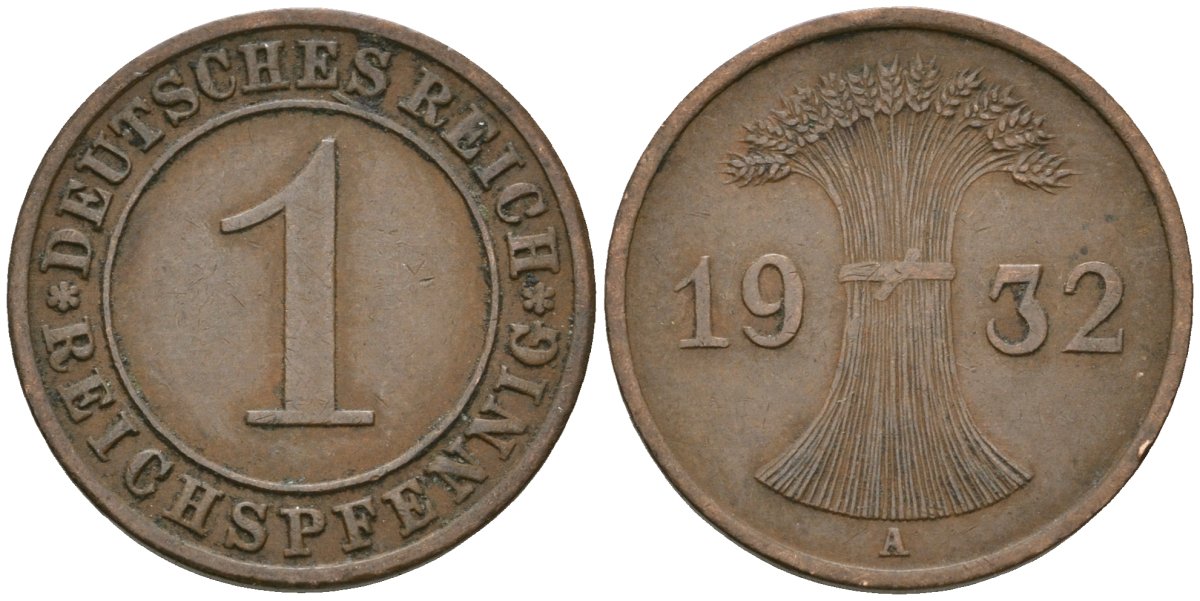 Германия 1 рейхспфенниг 1932 A KM 37, J. 313 бронза 4189-1151