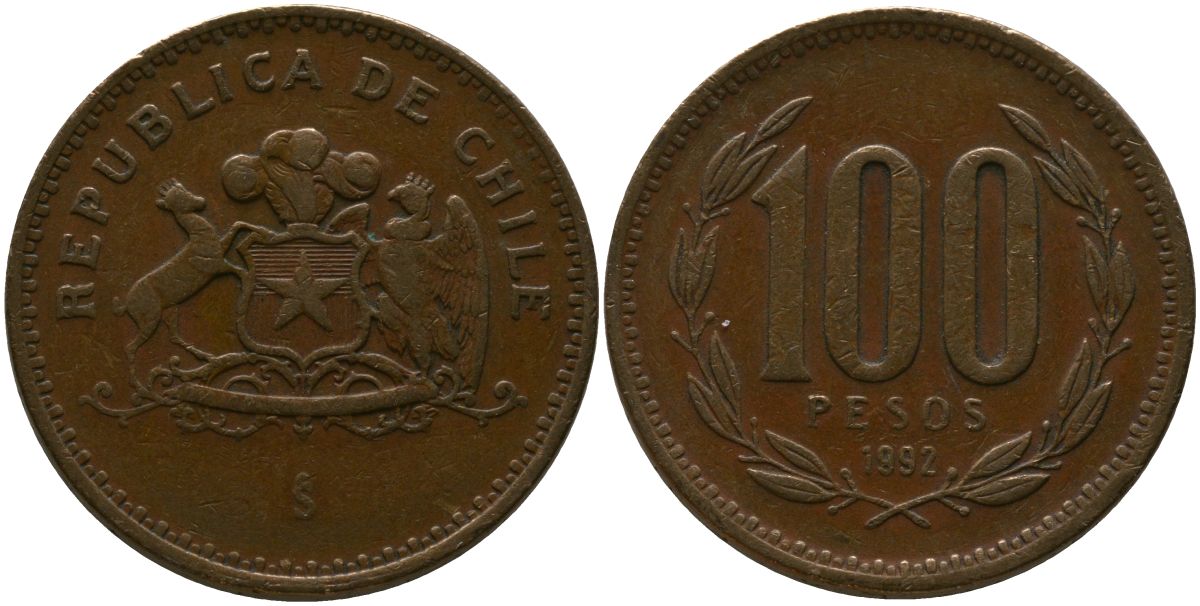 Чили 100 песо 1992 So KM 226.2, Schon 71 алюминиевая бронза 4544-951