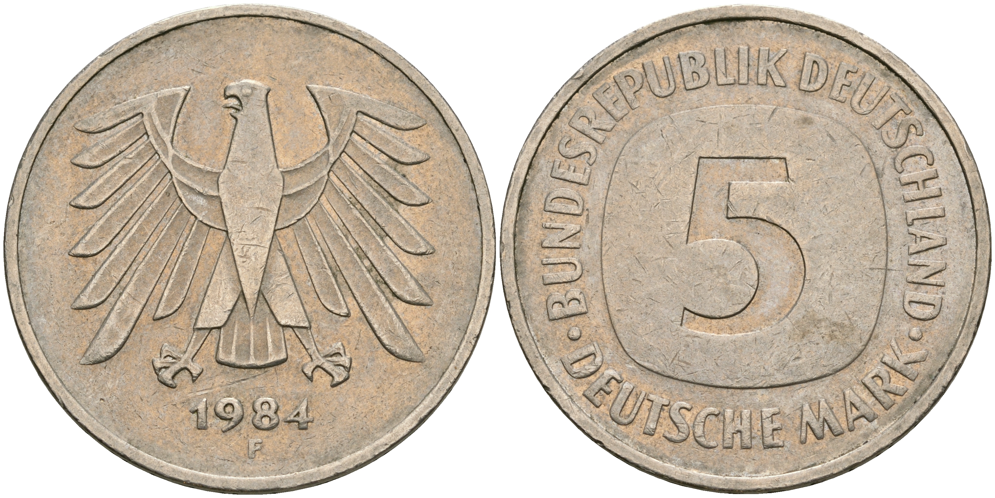 ФРГ 5 марок 1984 F KM 140.1, J.415 медно-никель плакированный никелем 08-444