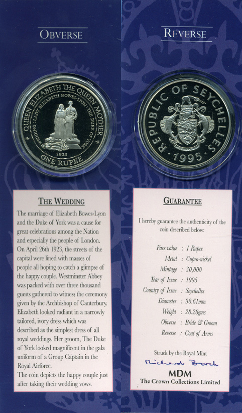 Сейшельские острова 1 рупия 1995 Королева Елизваета, королева мать, свадьба 1923 год, в оригинальном картонном буклете, тираж 3000 экз. KM 85 медно-никель UNC 00-00