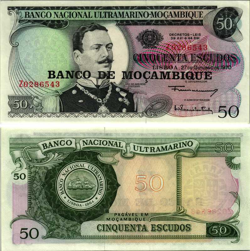 Мозамбик 50 эскудо 1970 (1976) надпечатка на 1970, Жоао де Азеведо Коутиньо Pick 116 a бумага UNC (пресс) 7116-48-1-2