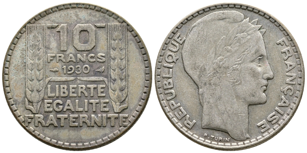 Франция 10 франков 1930 Пьер Тюрен KM 878, Le Franc 360.3 серебро 79-424
