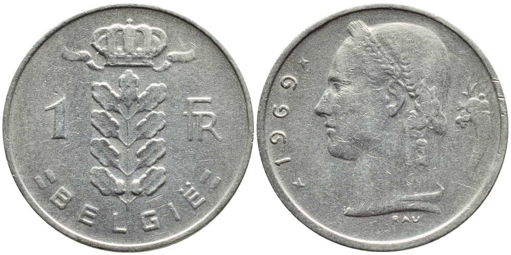 БЕЛЬГИЯ 1 ФРАНК 1969 BELGIE KM 143.1 медно-никель 4388-1157