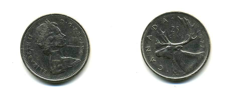 Канада 25 центов 1977 Елизавета II (1952-2022), олень карибу KM 62b никель 83-1655