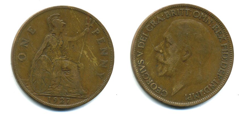Великобритания 1 пенни 1927 Георг V (1910-1936) КМ 826, Spink 4054 бронза 41-932