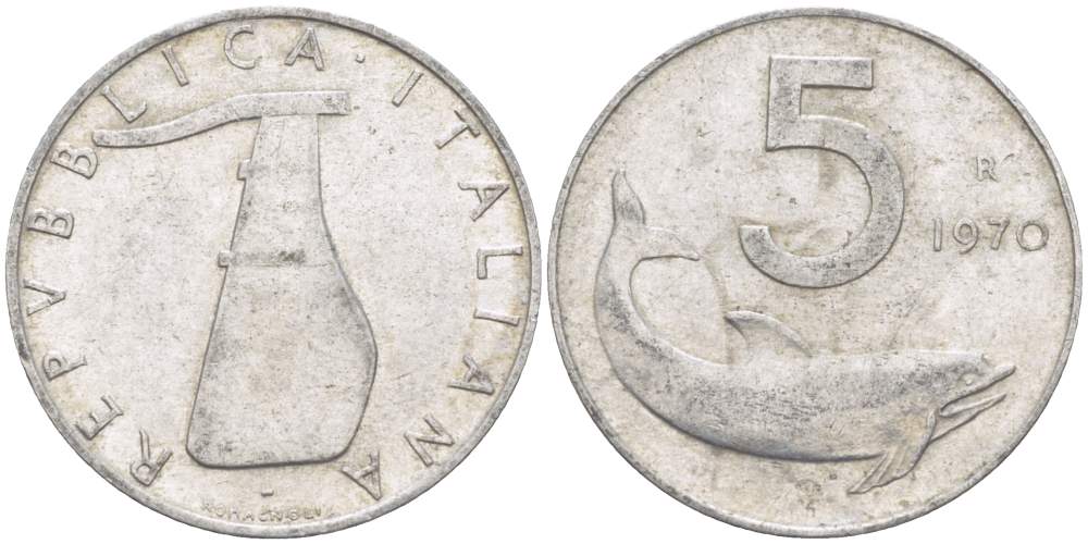 ИТАЛИЯ 5 ЛИР 1970 R, ДЕЛЬФИН, РУЛЬ KM 92 алюминий 4513-146