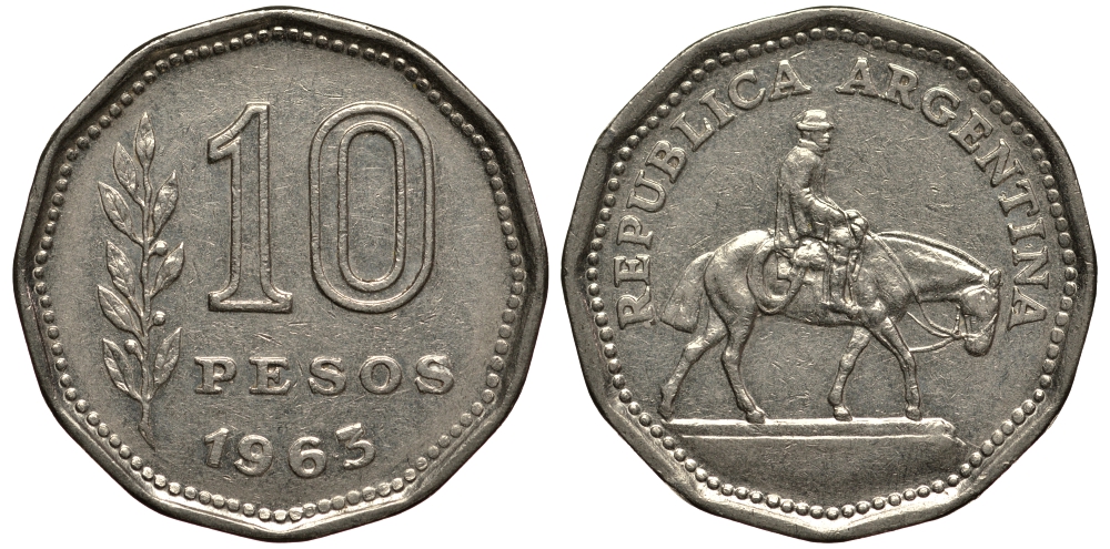 Аргентина 10 песо 1963 Гаучо KM 60 никелированная сталь 4182-513
