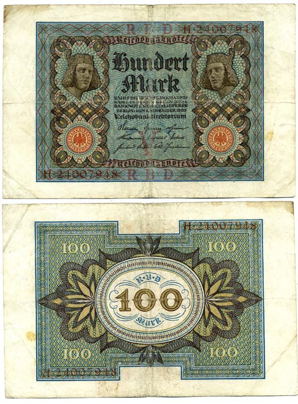 Германия 100 марок 1920 Бамбергский всадник, 8 цифр в номере Pick 69 b, Розенберг 69b бумага 3295-117-2-2