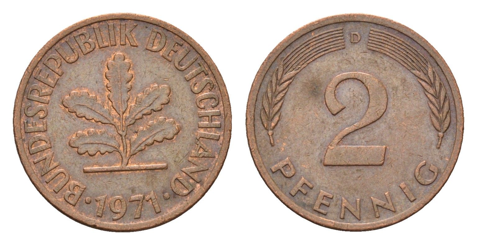 ФРГ 2 пфеннига 1971 D KM 106a, J. 381a сталь плакированная медью 4684-1164