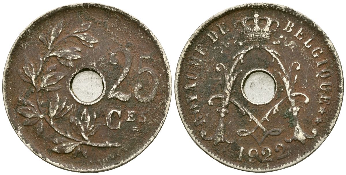 Бельгия 25 сантимов 1922 Belgique KM 68 медно-никель 4165-441