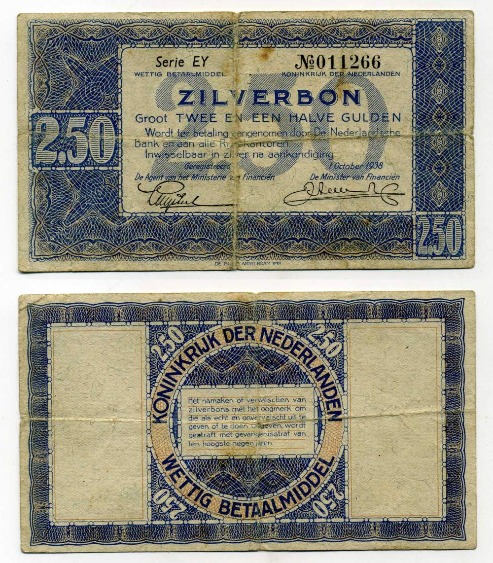 НИДЕРЛАНДЫ 2 1/2 ГУЛЬДЕНА 1938 СЕРИЯ EY Pick 62 бумага 8595-7-3-2